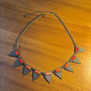Geometric Aztek Goldtone and Coral Red beaded Necklace